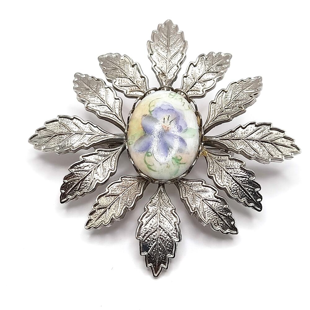 Vintage 1950s Hand Painted Porcelain Floral Brooch Silver Tone Leaf Frame 2"